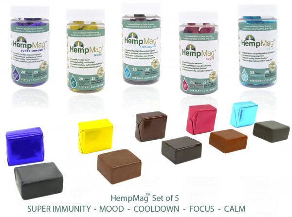 HempMag All 5 Products Featuring supercritical CO2 extracted organic European hemp oil with highly-bioavailable magnesium in a synergistic base of neurosupportive nutrients.